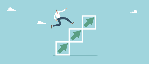 Illustration of a businessperson climbing upward arrows symbolizing career advancement and Promotions in HRM