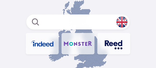 UK job board platforms including Indeed, Monster and Reed shown with search bar over UK map