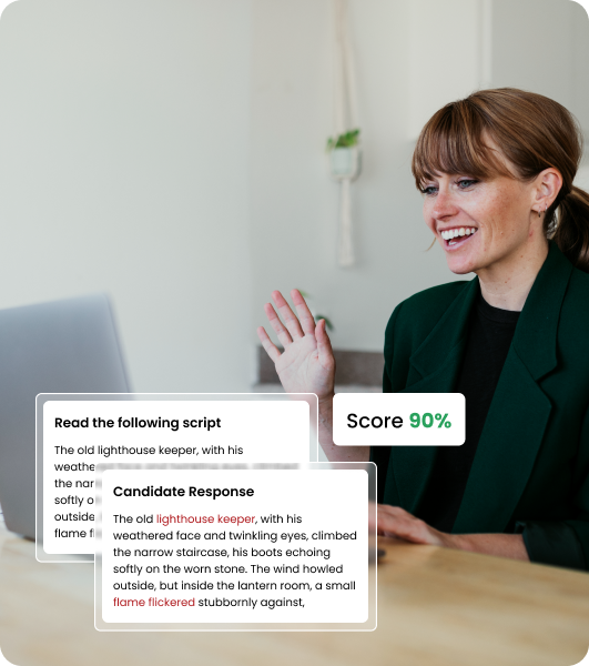 Candidate responding to a script with AI scoring the response and providing a 90% score.