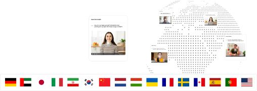 Multi-lingual candidate evaluation with flags representing diverse languages and accurate transcription.